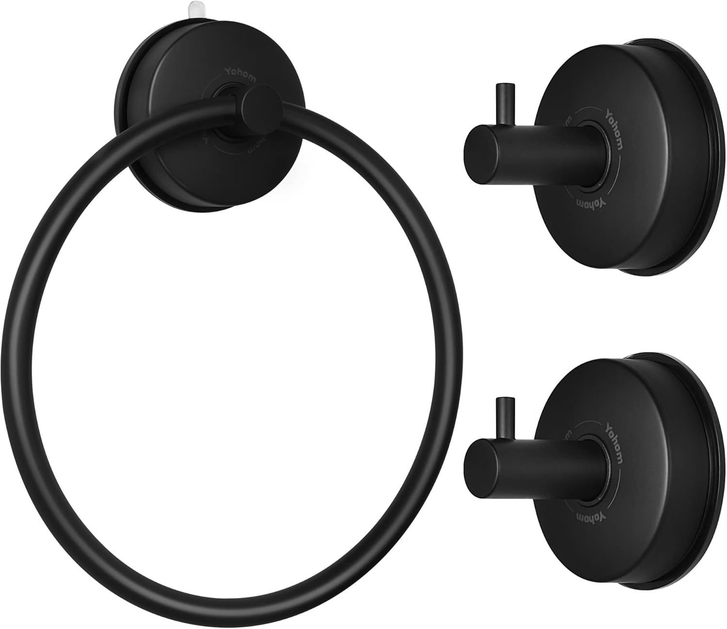 YOHOM Suciton Towel Holder Matte Black Set 3 Pieces Towel Ring and Hooks for Shower Towel Holder Stainless Steel Vacuum Bathroom Shower Hook Suction Washcloth Hanger Kitchen Towel Rack Glass Door