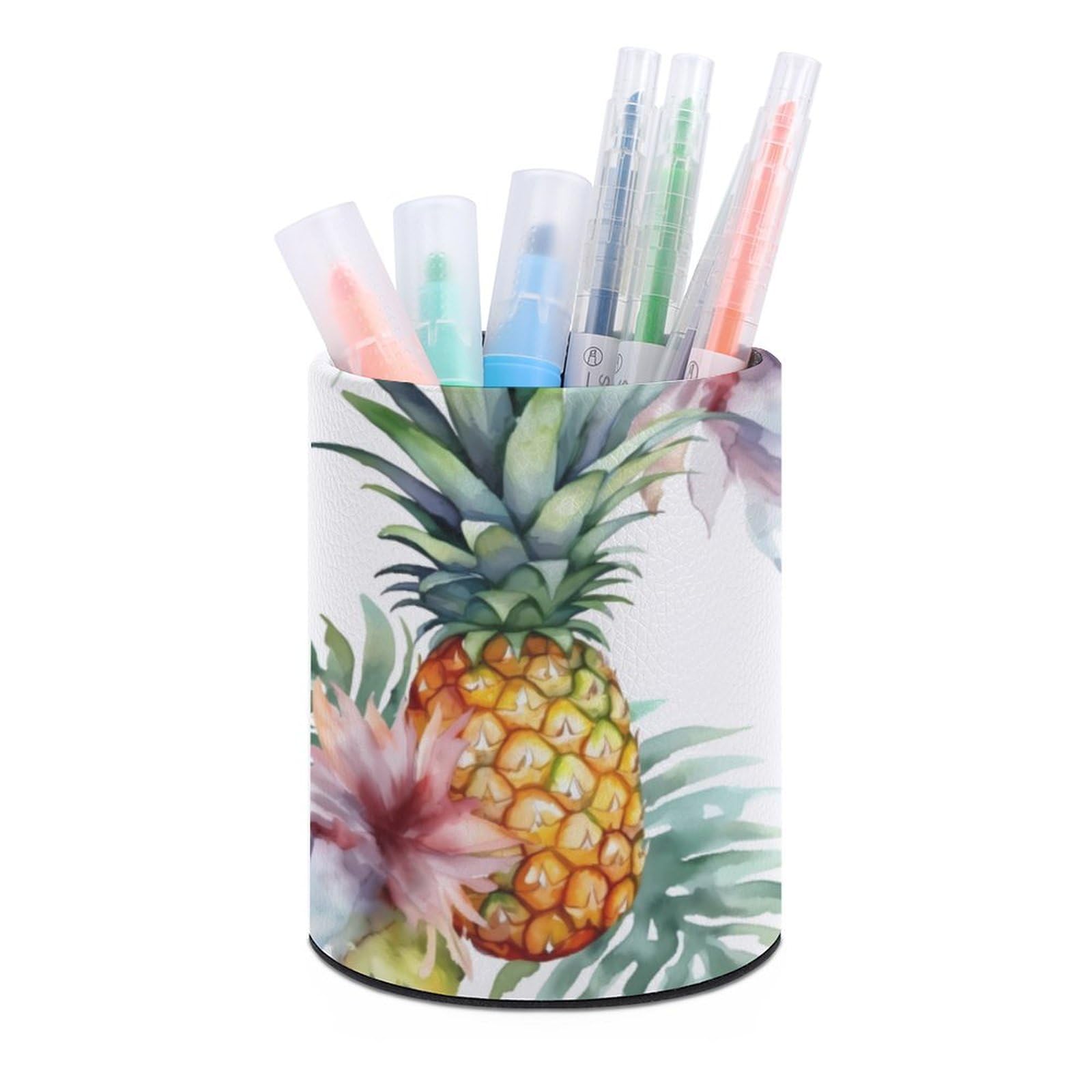 JTREHY Round Pen Holder,Tropical Pineapple Printed Makeup Brush Storage Box Desktop Stationery Storage Cup Office Accessories Storage Box Pencil Storage Box for Home Office Dressing Table