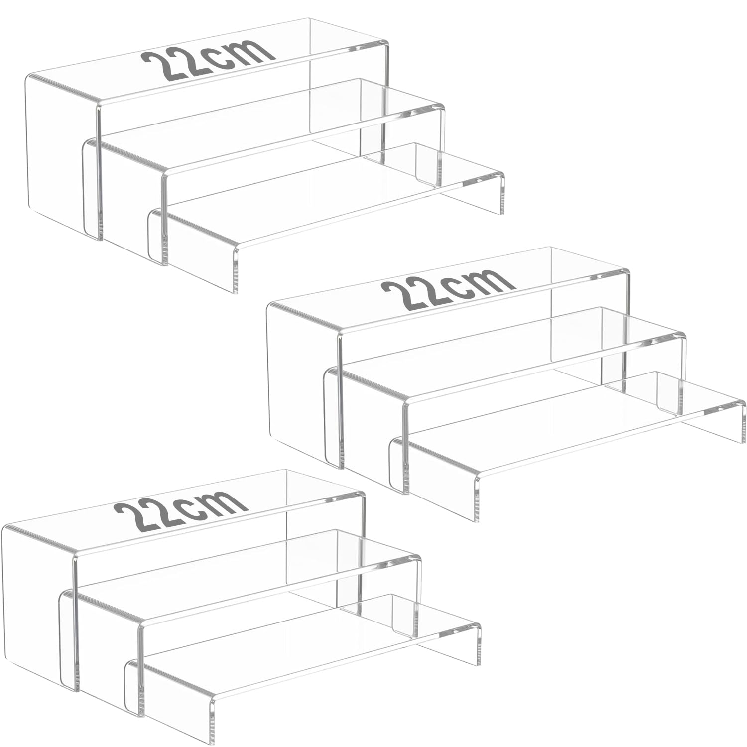 LOSYHU 3 Sets Clear Acrylic Display Risers 9 Pcs Acrylic Riser for Display 3 Step Showcase Shelf Clear Display Stand Risers for Amiibo Funko Figures Jewelry Cupcake Collections (22cm/20cm/18cm)