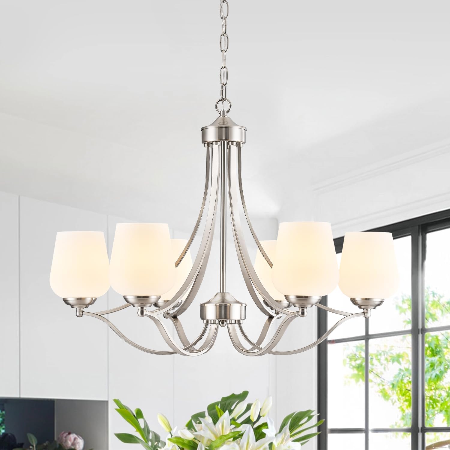 Brushed Nickel Farmhouse Chandelier Rustic Kitchen Island Lights with Milk White Frosted Glass Lampshade Height Adjustable 47.2" Ceiling Hanging Light Fixture for Dinging Room Living Room Over Table