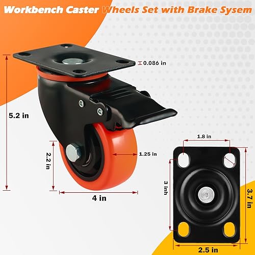 Miniatura 3 de Juego de 4 y 8 ruedas giratorias resistentes de bloqueo (4 x 4 pulgadas, naranja)