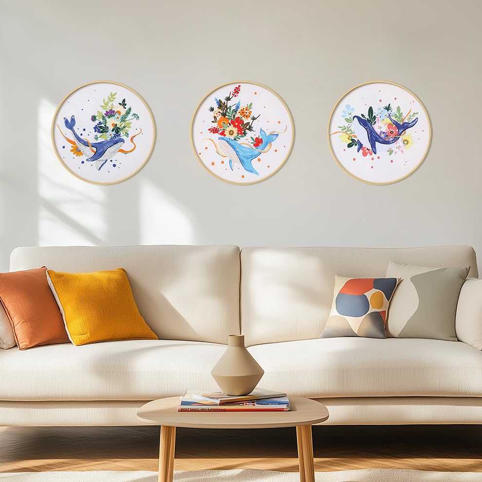 Image of KEKEMEOW 3 Sets Embroidery Kit for Beginners, Stitches with Whale and Flowers, Embroidery Stitch Practice kit for Adults Craft Lover, Cross Stitch Kit with Pattern、Instruction、Hoop