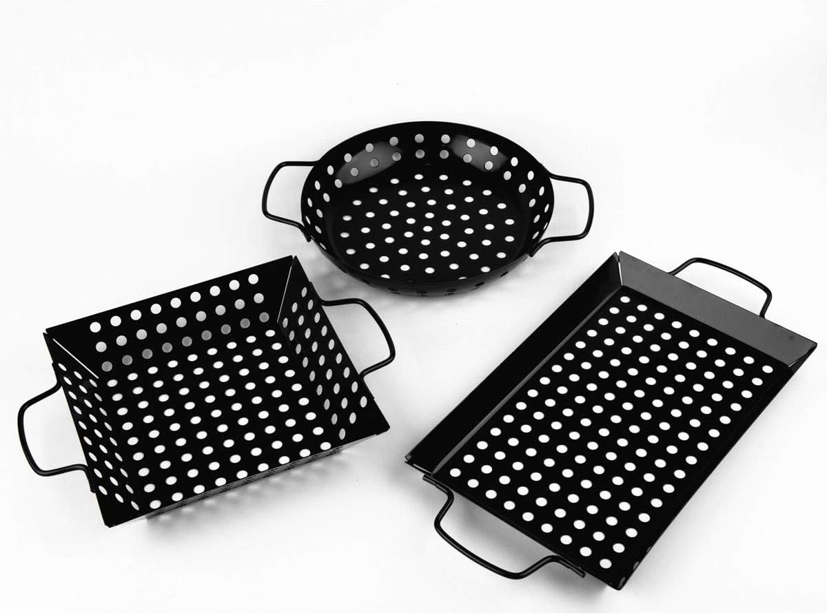 waykeaNon-stick BBQ Basket Set of 3 | Grill Tray with Holes Outdoor Cooking Accessory Wok Pan for Vegetable, Fish, Shrimp