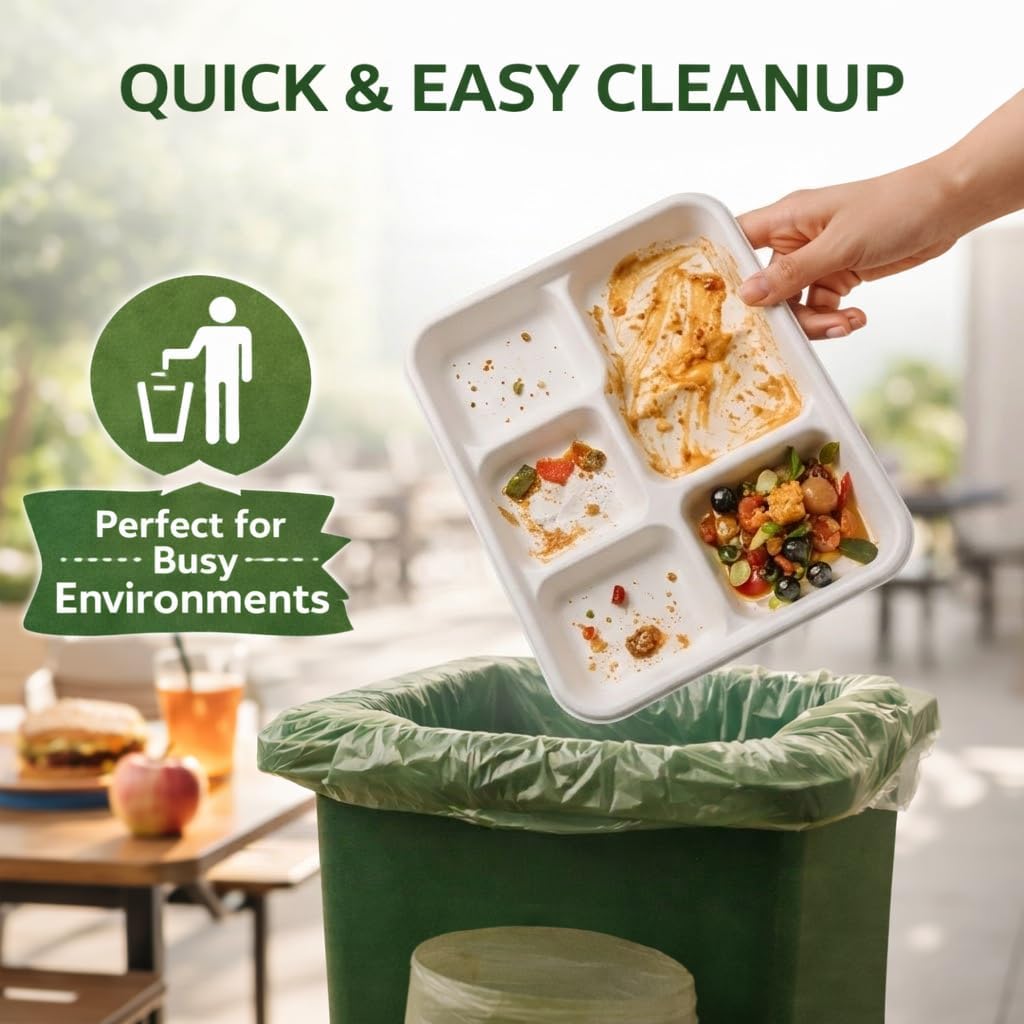 5-Compartment Compostable Plates for Easy Cleanup – Compartment Tray for Portion Control & Mess-Free Meals – 10.25×8.5 In Disposable Bagasse Paper Trays for School Lunch, Parties & Buffets – 500 Pack