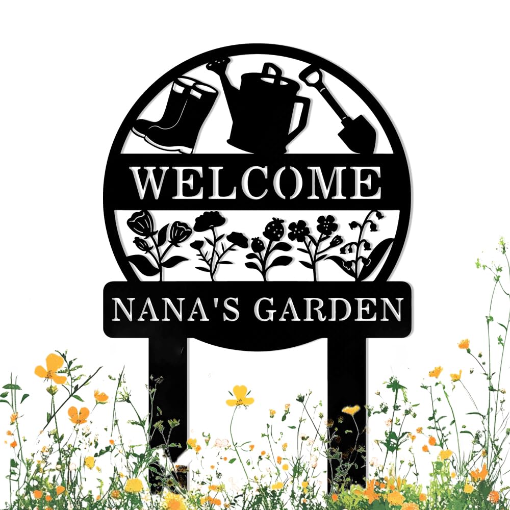 Personalized Garden Tools Metal Sign with Stake,Custom Gardener Last Name Signs Art Decor,Customized Flowers Gardening Gifts for Housewarming,Flower Welcome Plaque for Outdoor Yard Lawn Farmhouse