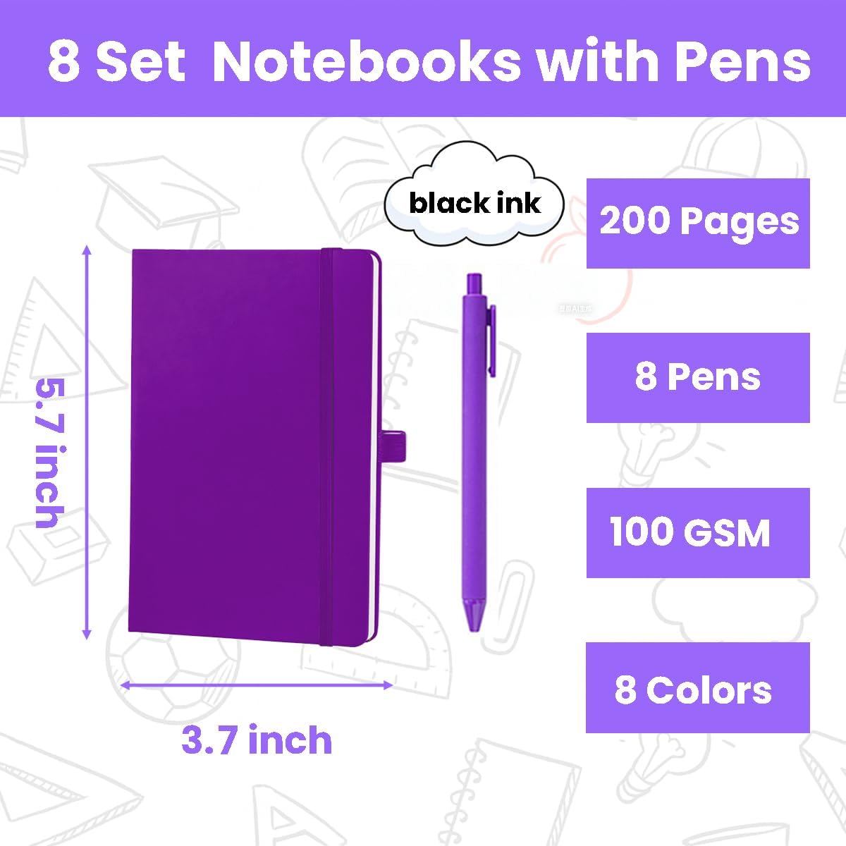 8 Pack Pocket Notebooks and Pen Set, 200 Pages/100 Sheets Small Ruled Lined Hardcover Journals A6 Mini Pocket Notebook with Pens for Work, Business, Travel, Office Supplies, 3.7 x 5.7 inch, 8 Colors