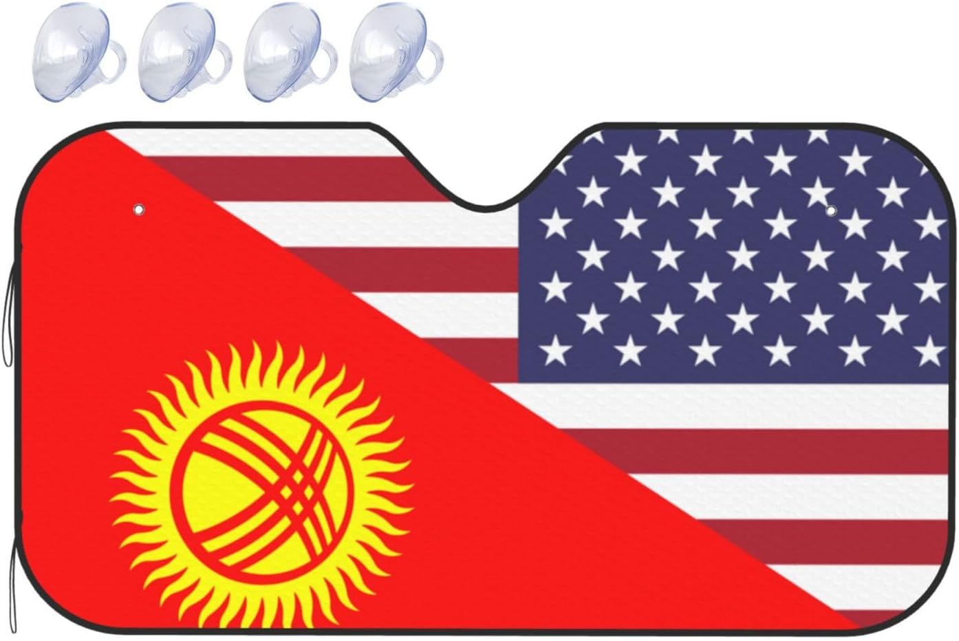 America Kyrgyzstan Friendship Flag Foldable Car Windshield Sunshade Blocks Heat and Sun Glare Uv Rays