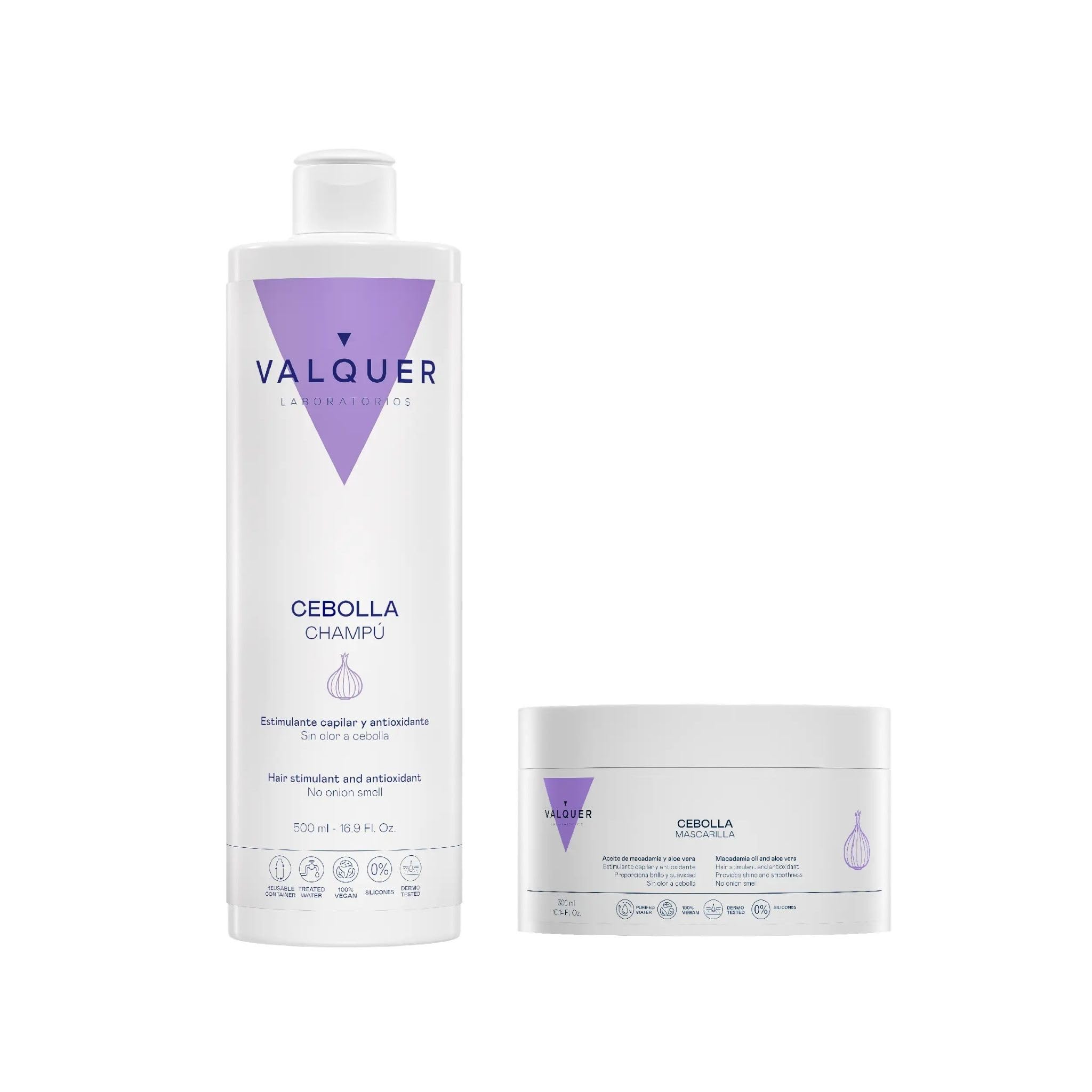 VALQUER Pack Champú 500 ml y Mascarilla 300 ml de Cebolla | Purifica y Regula el Pelo Graso | Anticaída y Antioxidante, Revitaliza Todo Tipo de Cabello | Proporciona Fuerza y Volumen