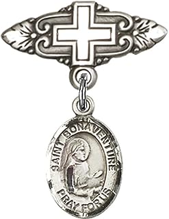 Sterling Silver Baby Badge with St. Bonaventure Charm and Badge Pin with Cross 1 X 3/4 inches