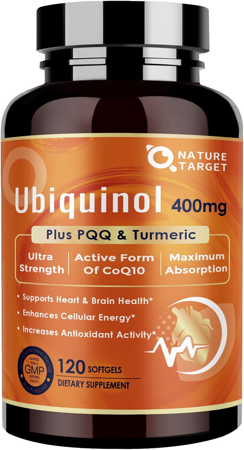 NATURE TARGET Ubiquinol CoQ10 400mg softgels with PQQ & Turmeric, High Absorption Coenzyme Q10 Supplement with ALA & Black Pepper, Antioxidant for Heart & Brain Health, Energy Production, 120 Count
