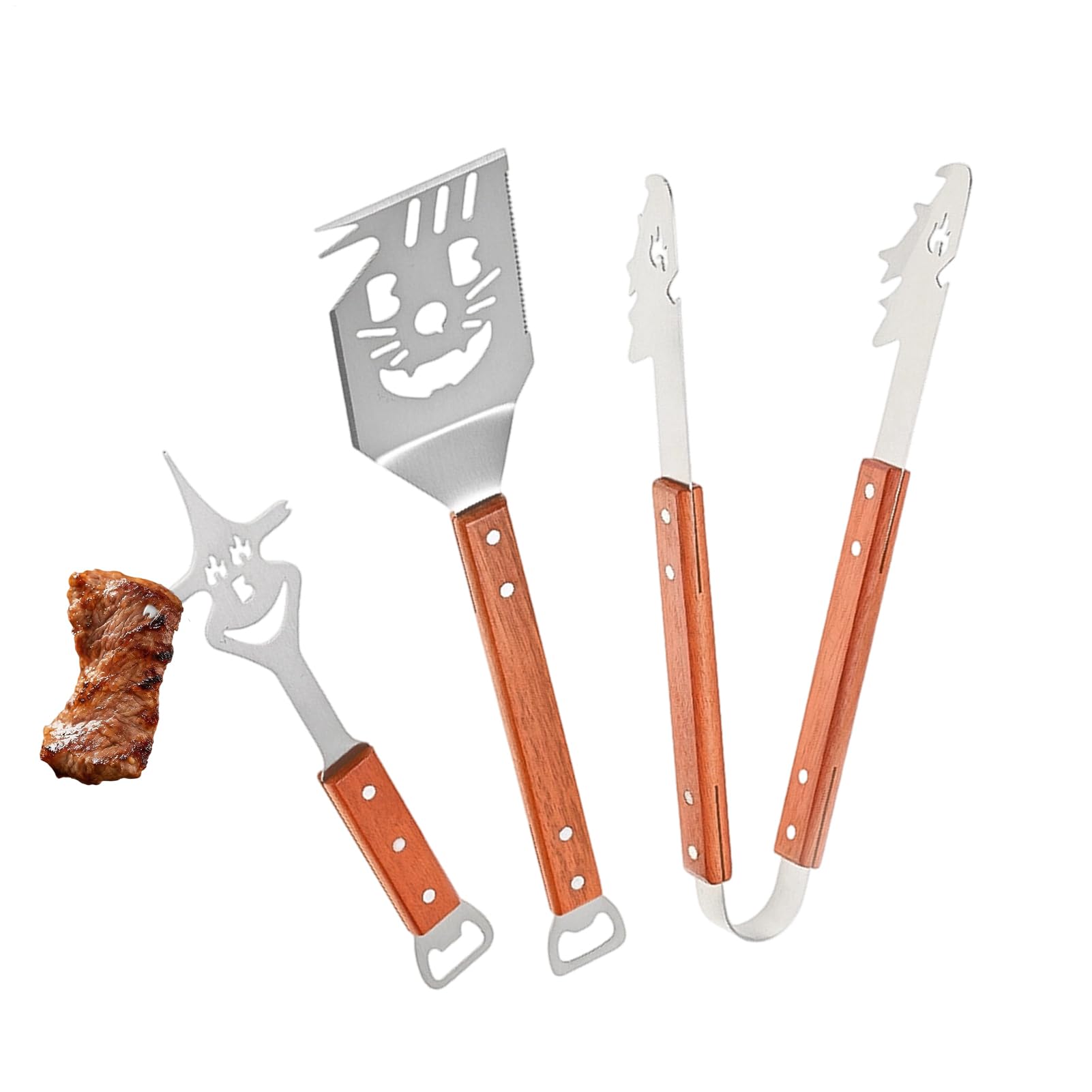 Set di posate per barbecue – spatola professionale compatta, pinza, forchetta, 3 pezzi | robusti accessori per barbecue | per papà marito figlio padre