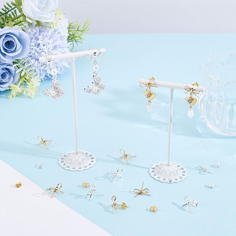Beebeecraft 28Pcs 2 Colors Christmas Bow Earring Findings, 18K Gold & Sterling Silver Plated Bowknot Stud Earring Findings with Loop Bow Tie Ear Post Ear Nuts for Jewelry Making DIT Craft