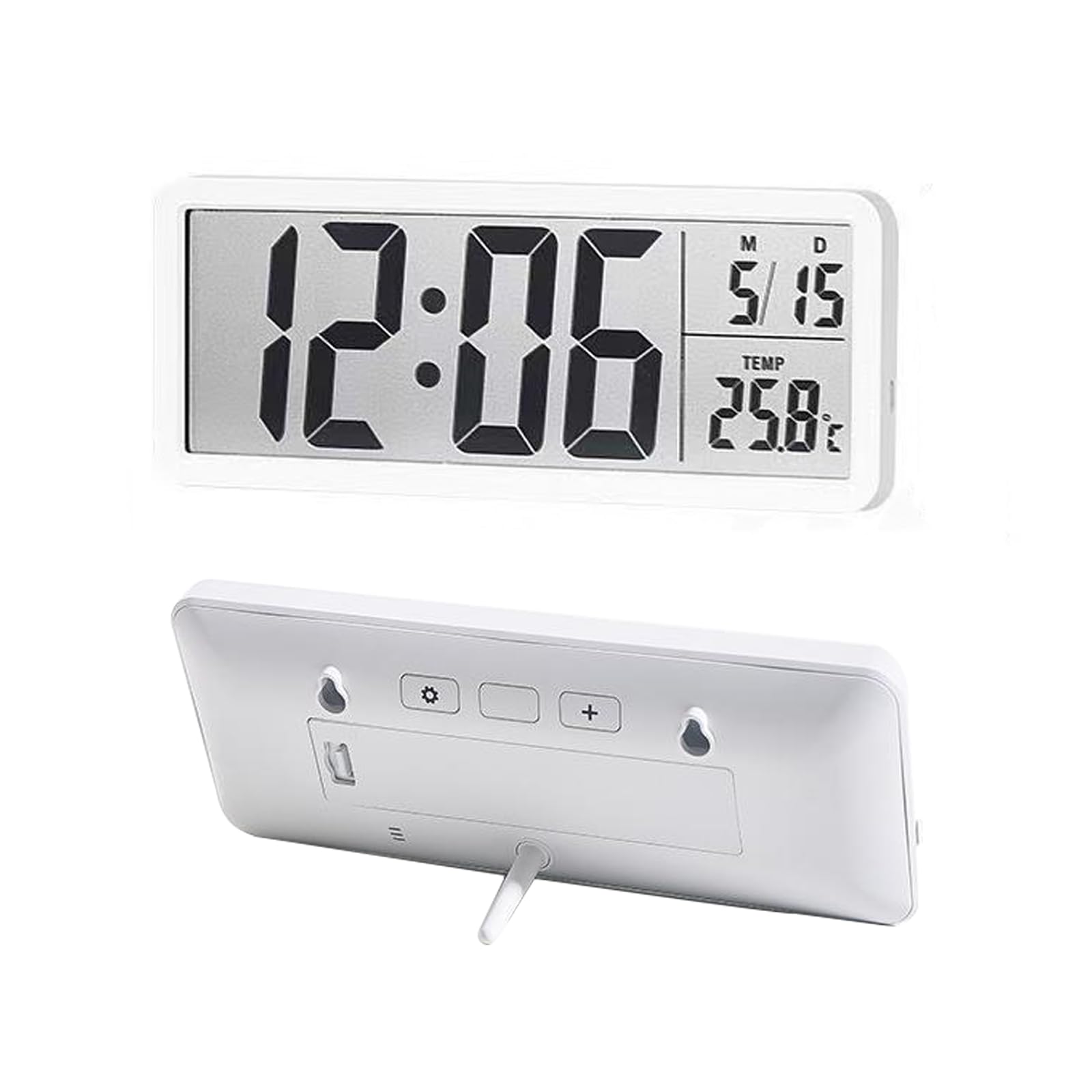 Epunk Reloj de pared digital blanco con pantalla de temperatura/humedad, pantalla grande de 20 cm, batería/enchufe, diseño colgante y mesa para sala de estar, dormitorio, oficina