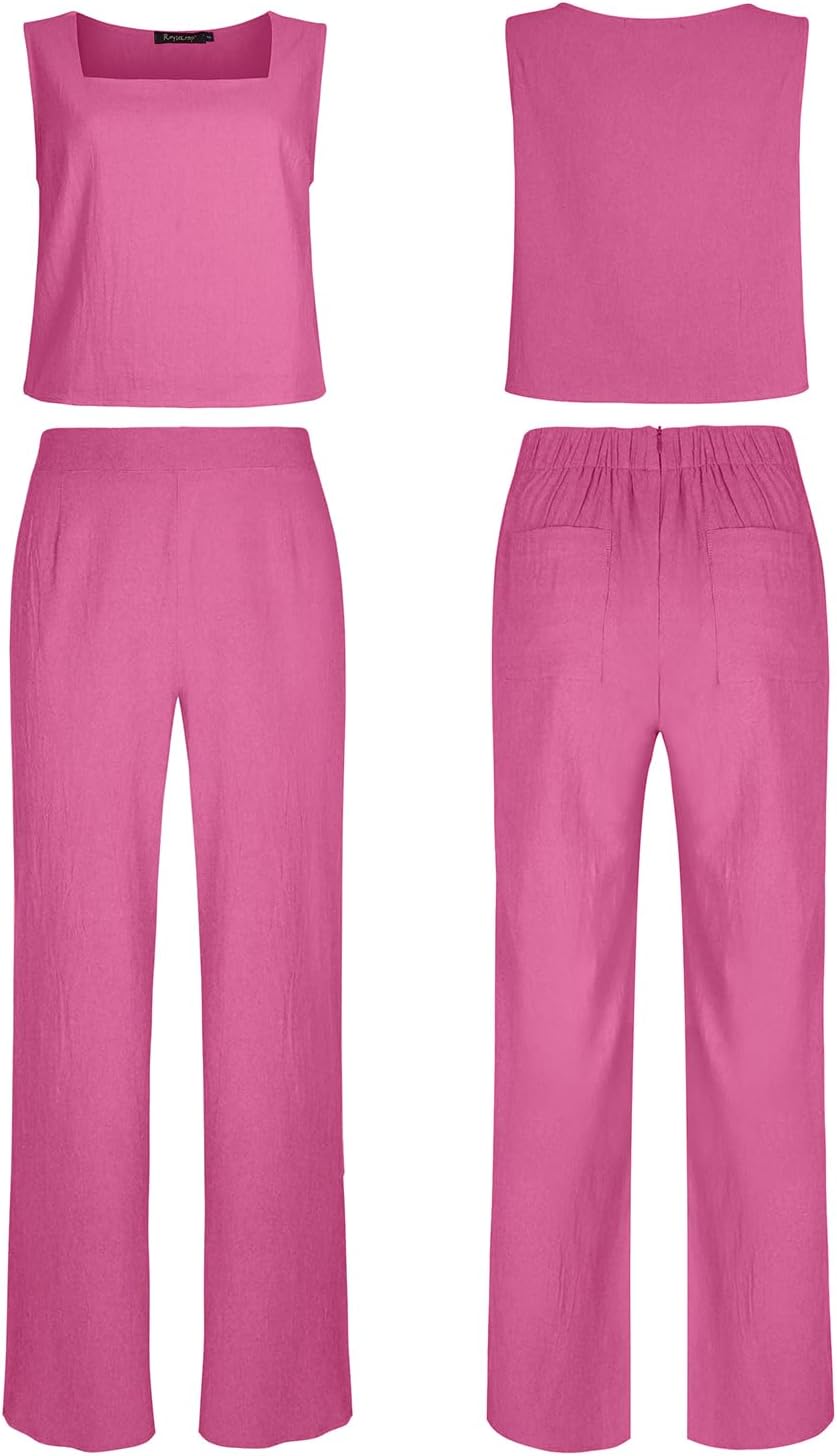 ROYLAMP Women's Summer 2 Piece Outfits Sleeveless Square Neck Tops Wide Leg Pants set Jumpsuit with Pockets - Image 5
