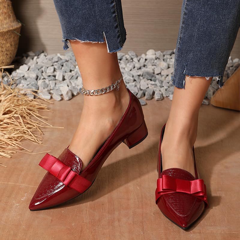 Image of Womens Comfortable Patent Leather Chunky Loafer Pumps with Bow Pointed Closed Toe Penny Loafers 1 Inch Low Block Heeled Loafers Shoes for Women Party Business
