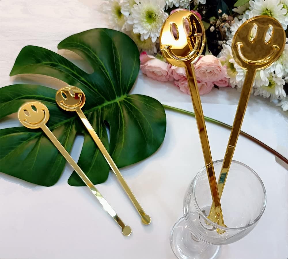 Set of 20 Smiley Face Swizzle Sticks,Acrylic Groovy Drink Stirrers,Cocktail Stirrers,Party Sticks for Birthday Party Decor,Table Decorations (Gold Mirror)