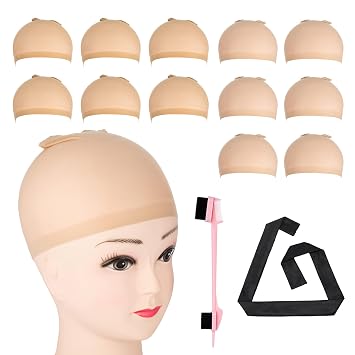 12pcs Brown Stretchy Nylon Wig Caps for Women Teenitor, Closed End Hair Mesh Net Liner Weaving Caps for Halloween, Cosplay, Skin Tone Lace Front Stocking Cap, Satin Edge Scarf, 5 in 1 Edge Brush Pink