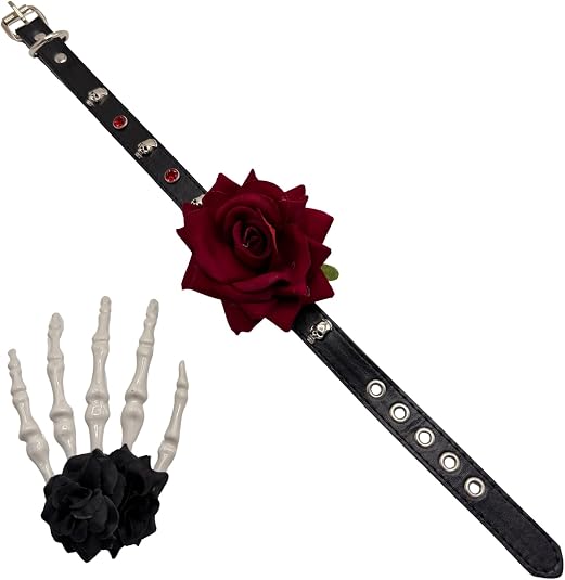 Day of the Dead Skull Choker Necklace Set for Women Mexico Día de los Muertos Red Rose Black Leather Adjustable Collar with Black Rose Skeleton Hand Hair Clip Gothic Halloween Sugar Skull Costume Jewelry Gift
