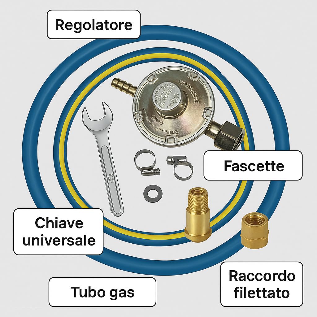 Kit Regolatore Gas GPL 30 mbar – Completo con Tubo da 2m, Fascette, Chiave Gas e Raccordo W20x1/4” – per Uso Domestico e Campeggio