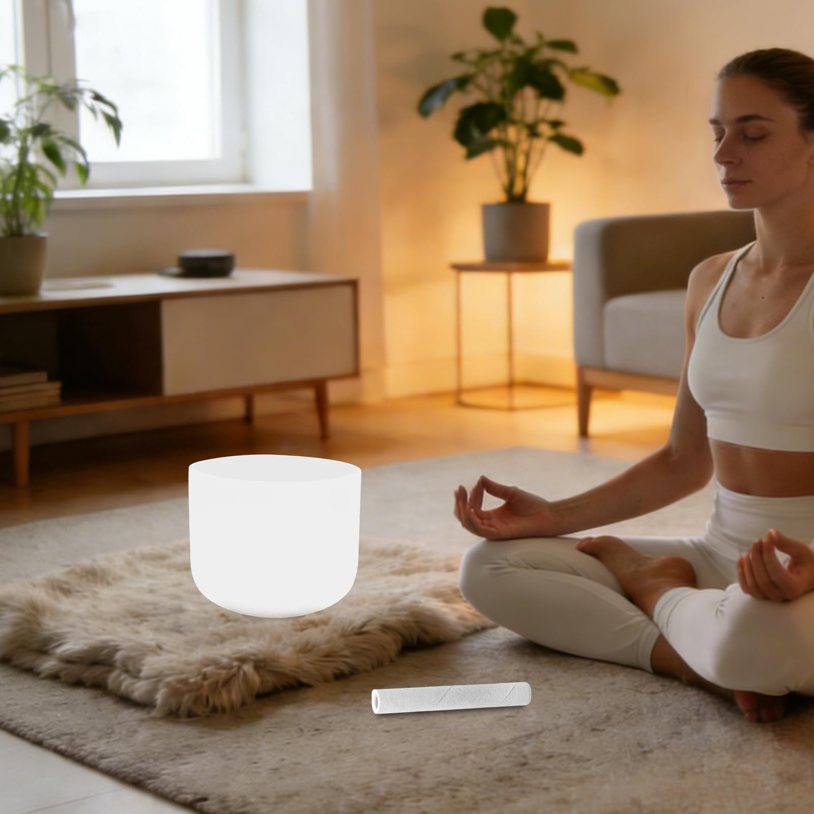 Campana tibetana in cristallo, 8 pollici, 432-440 Hz, per la meditazione, per la terapia del suono e lo yoga, con bacchetta e anello, colore bianco
