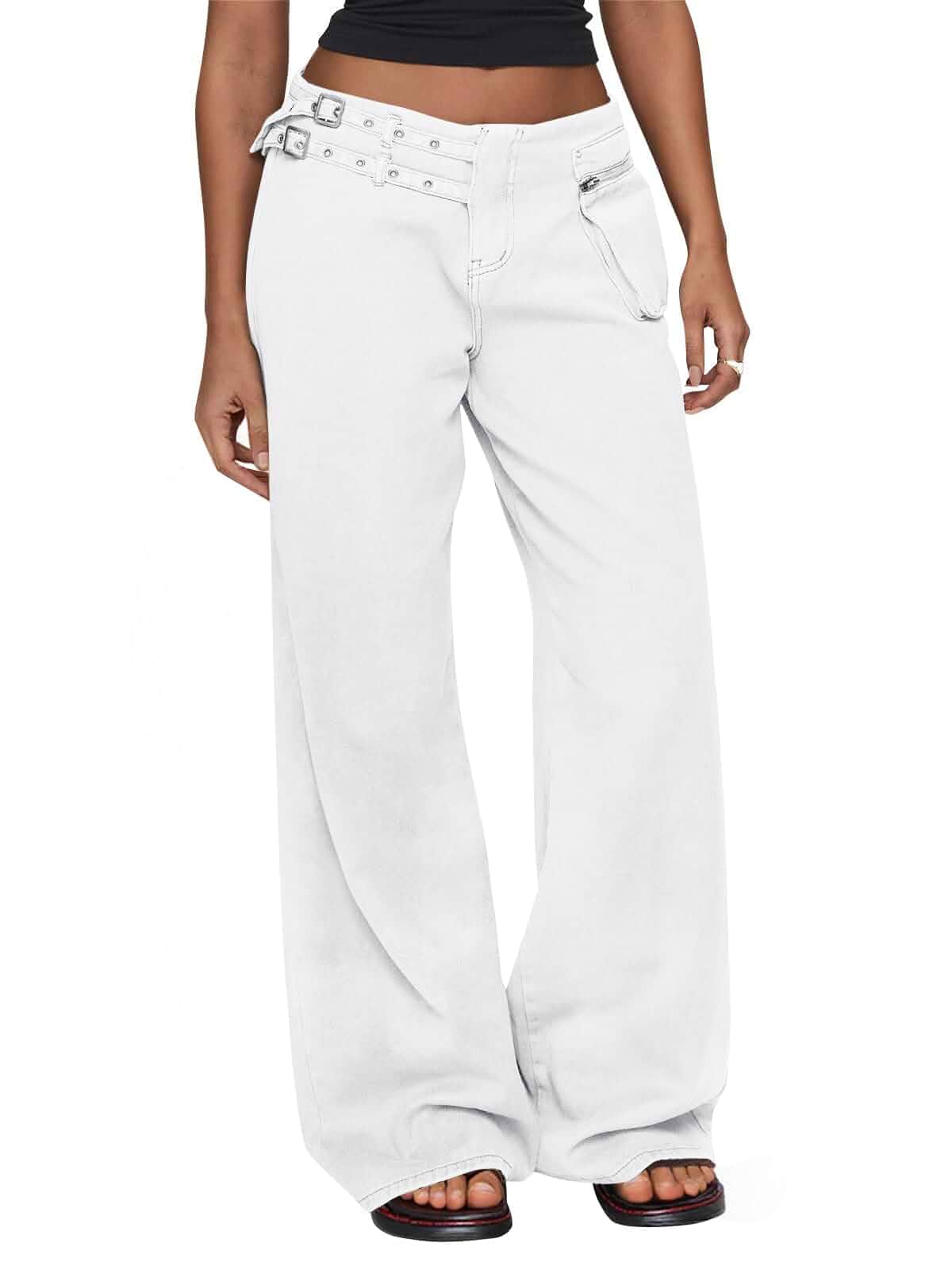 Cicy Bell Womens Low Rise Wide Leg Cargo Jeans with Buckle Detail Multi Pockets 100% Cotton Y2k Baggy Denim Pants Jeans · Standard