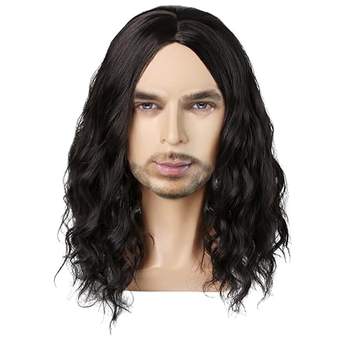 Miniatura 2 de Peluca negra para hombre, peluca rizada de longitud hasta el hombro, parte media, peluca negra para cosplay, fiesta de Halloween