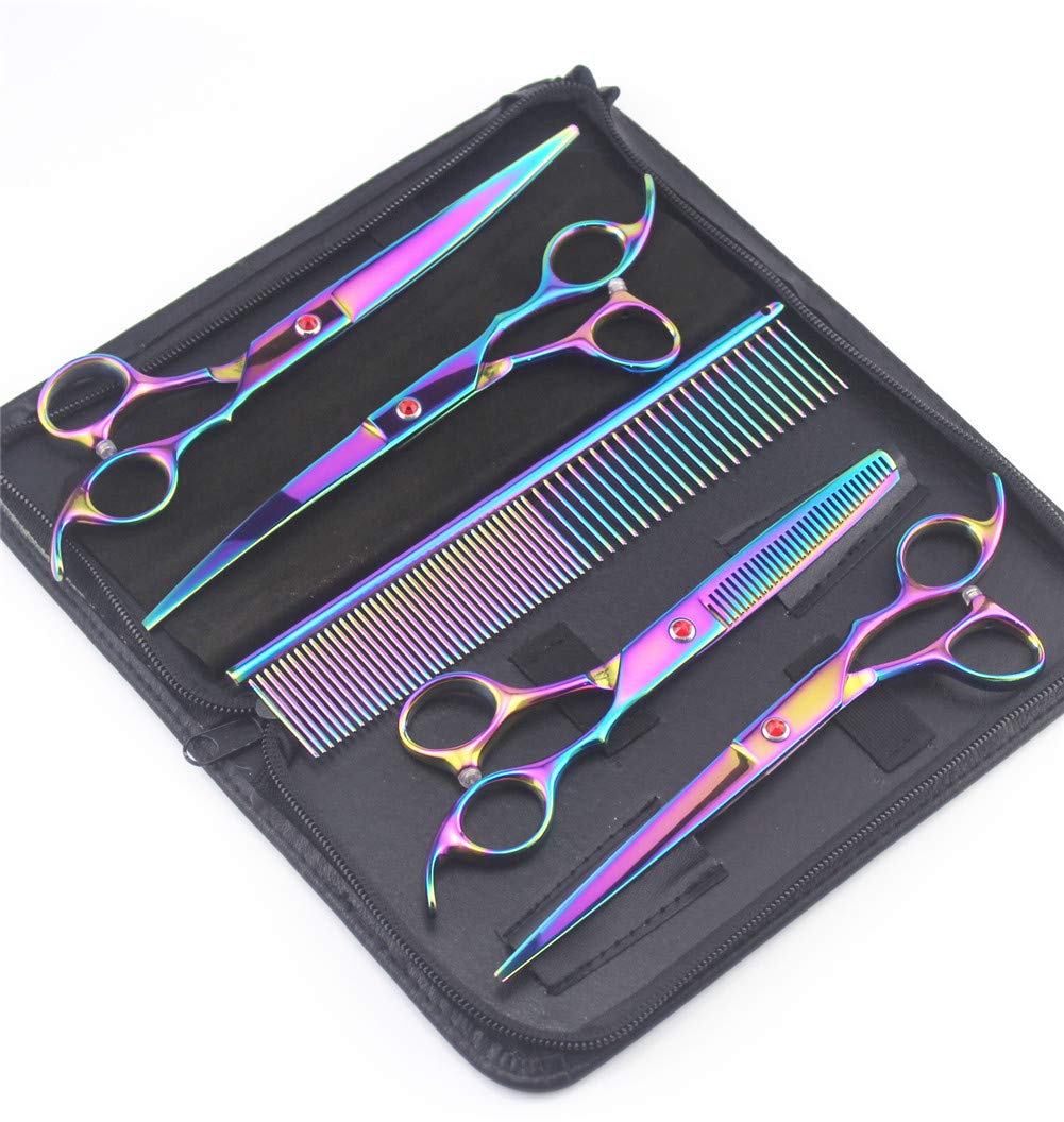 Pet Grooming Scissors Set,Color plating 7-inch Professional Pet Grooming Stainless Steel Cutting Scissors, Thinning Shear, Curved Scissors, Grooming Comb