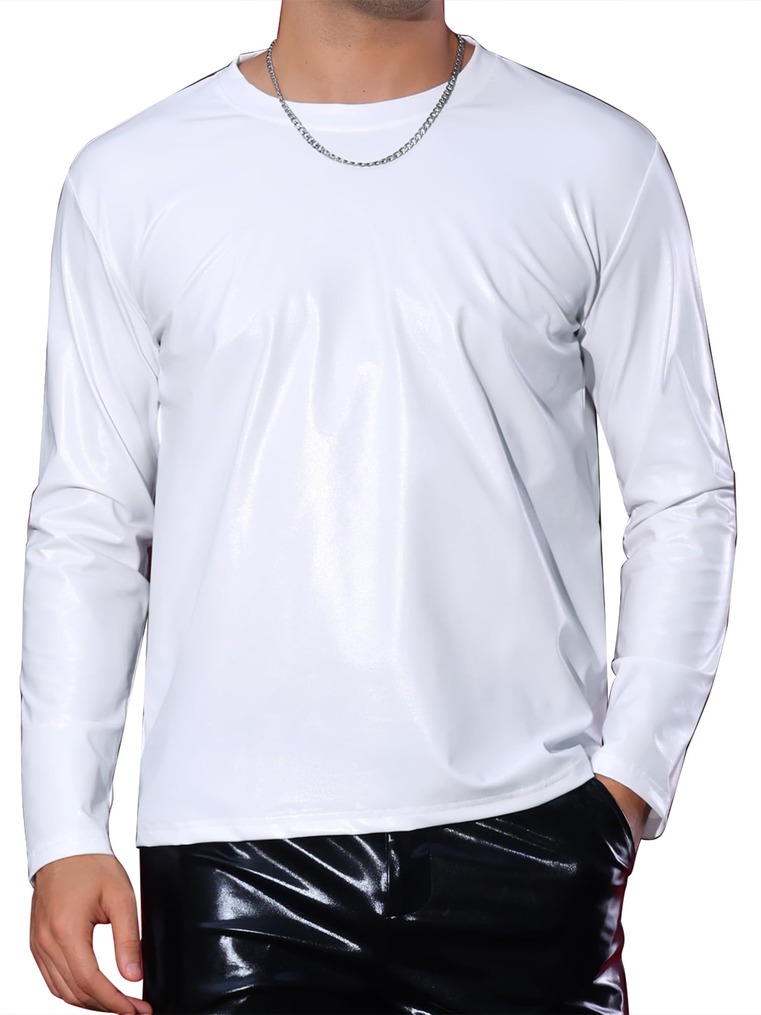 Lars Amadeus Men's Metallic T-Shirt Round Neck Long Sleeves Shining Disco Tee Top