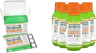 TheraBreath Chewing Gum with ZINC Citrus Mint 10 Count Pack of 6 and Mild Mint Oral Rinse 3 Fl Oz Pack of 6
