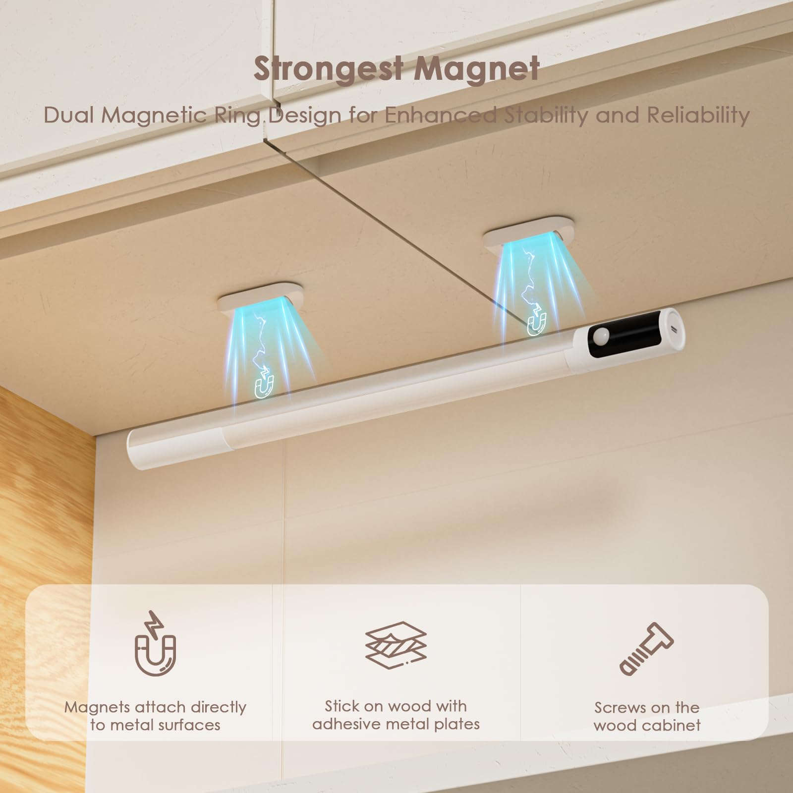 Quntis 38CM LED Sottopensile Cucina con Sensore di Movimento, 3 Modalità di Colore Luci LED Cucina, 2000 mAh Ricaricabile USB, Luci per Armadio con Display per Interno, 2 Pezzi, Bianco