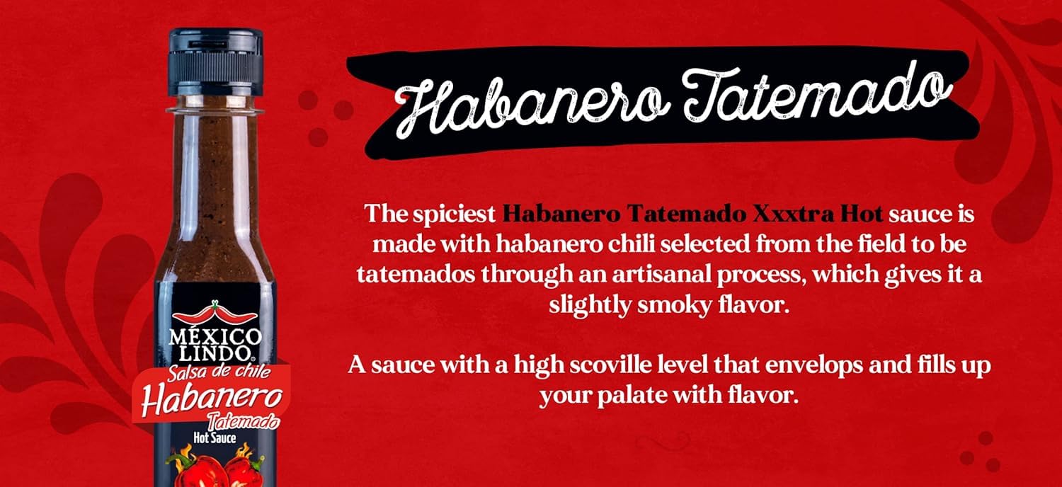 Mexico Lindo Habanero Tatemado Xxxtra Hot Sauce Display, 5 fl oz, Pack of 6