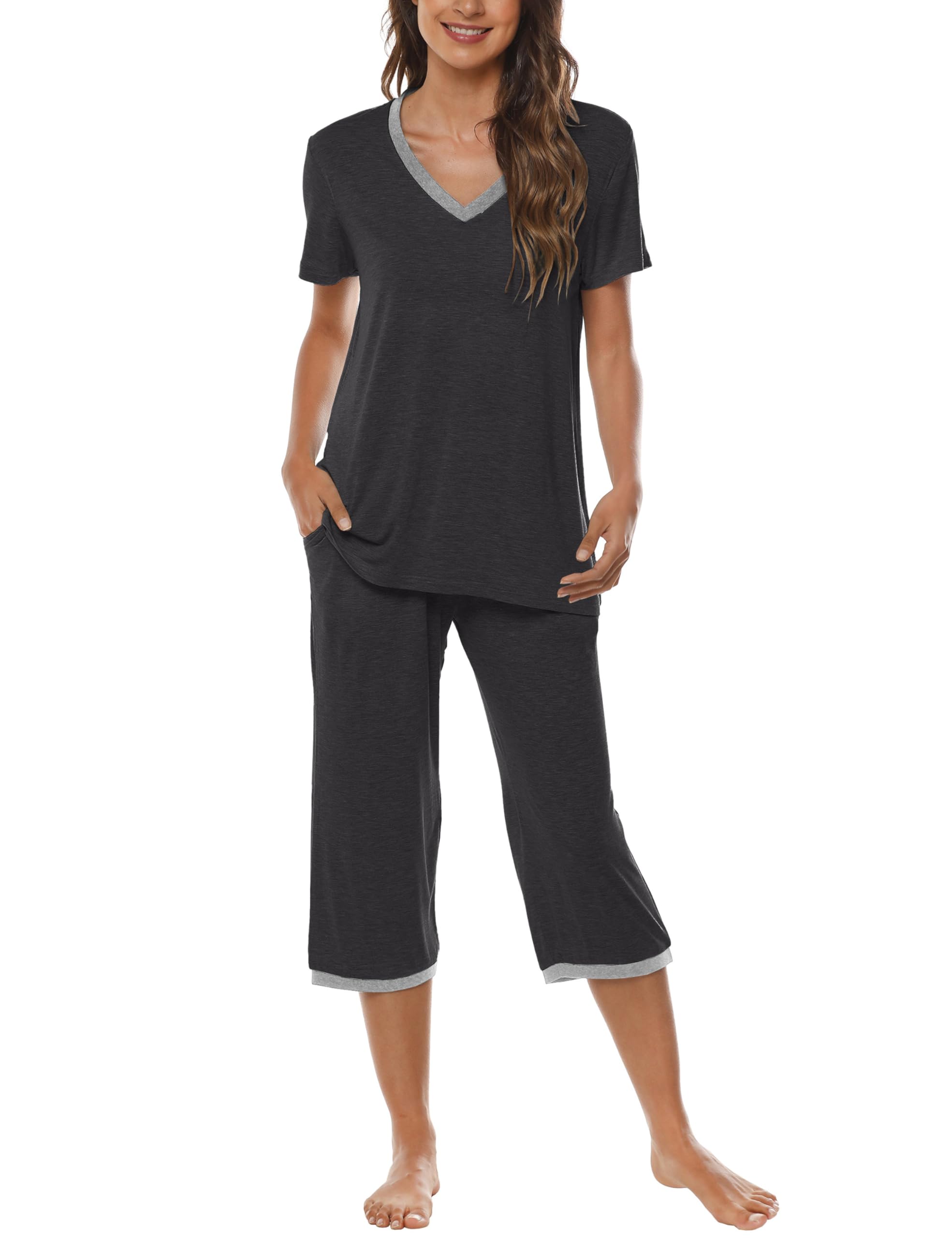 MoFiz AjezMax Pijamas Mujer Verano Dos Piezas Pijama Corto Ropa de Dormir de Camiseta de Manga Corta y pantalón Capri