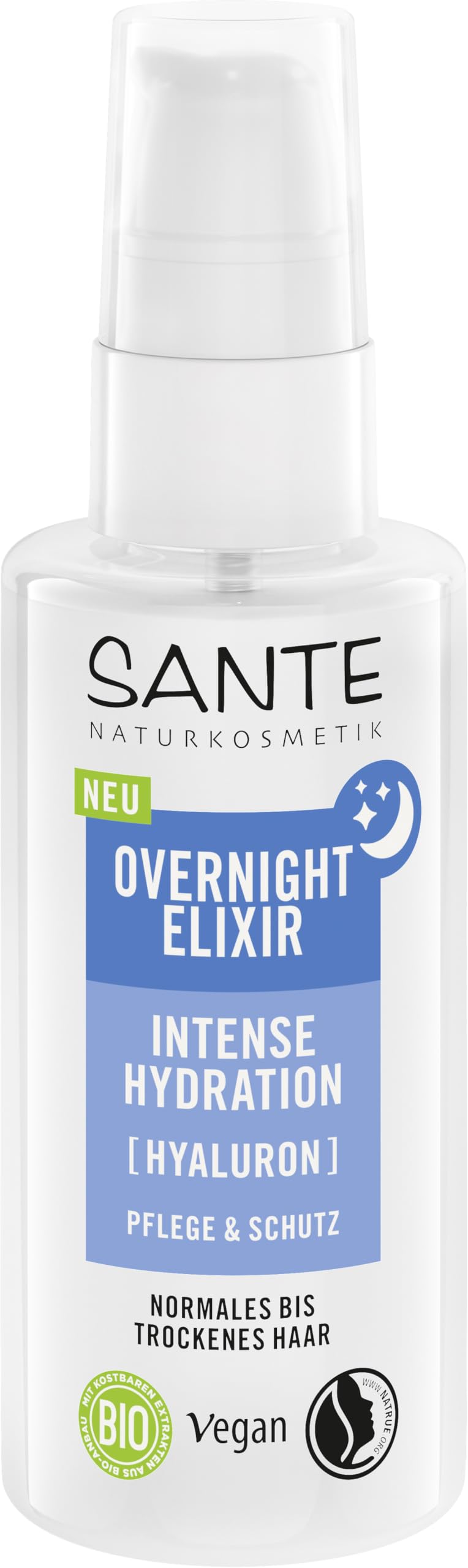 SANTE Naturkosmetik Overnight Elixir Intense Hydration - 75 ml - mit Hyaluron & Bio-Aloe Vera - feuchtigkeitsspendend - Leave-In-Pflege für trockenes Haar - vegan & bio