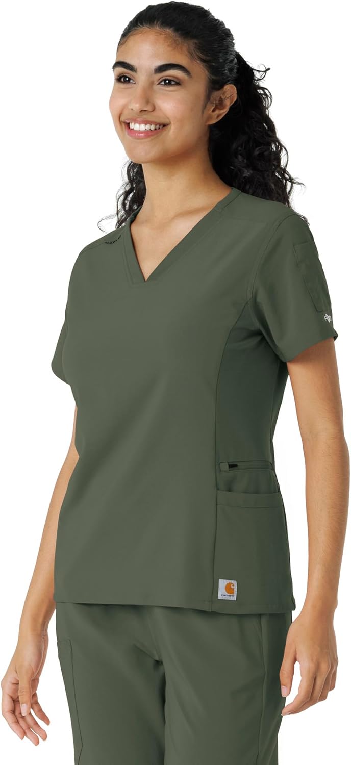 Carhartt Force Cross-Flex Scrubs for Women, Knit Panel Scrub Top - Olive, XL - Image 5