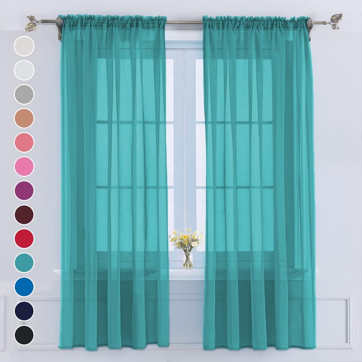 Yancorp Semi Teal Sheer Curtains 63 inches Long 2 Panels Set for Living Room Privacy Window Drapes Solid Tulle Voile Light Filtering Rod Pocket Yard Patio Villa Parlor Kitchen（Teal，W52 X L63）