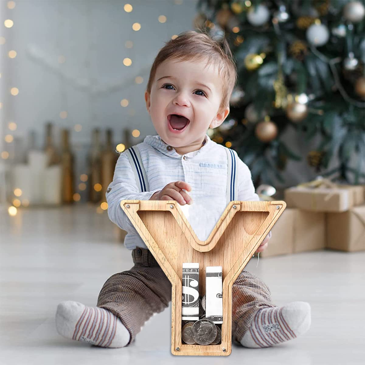 Tirelire Enfant Lakpopya - Bois Et Acrylique - Lettre E Personnalisable - Avec Stickers Et Tournevis - 18 Cm