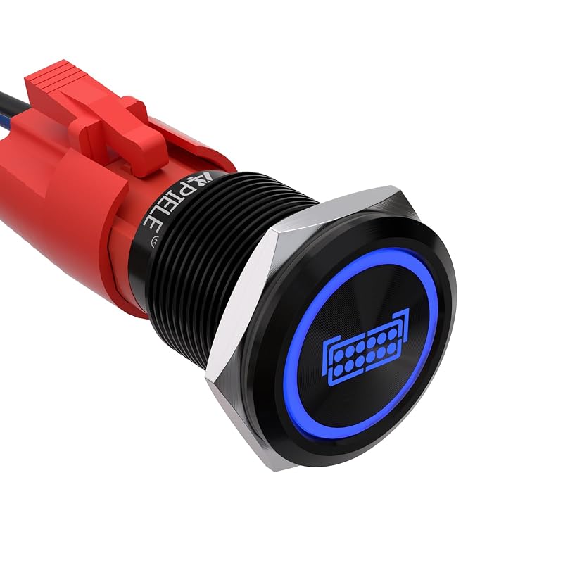 Interruptor de botão com LED azul APIELE SPST 10 A 12-24 VCC para painel – furo de 19 mm