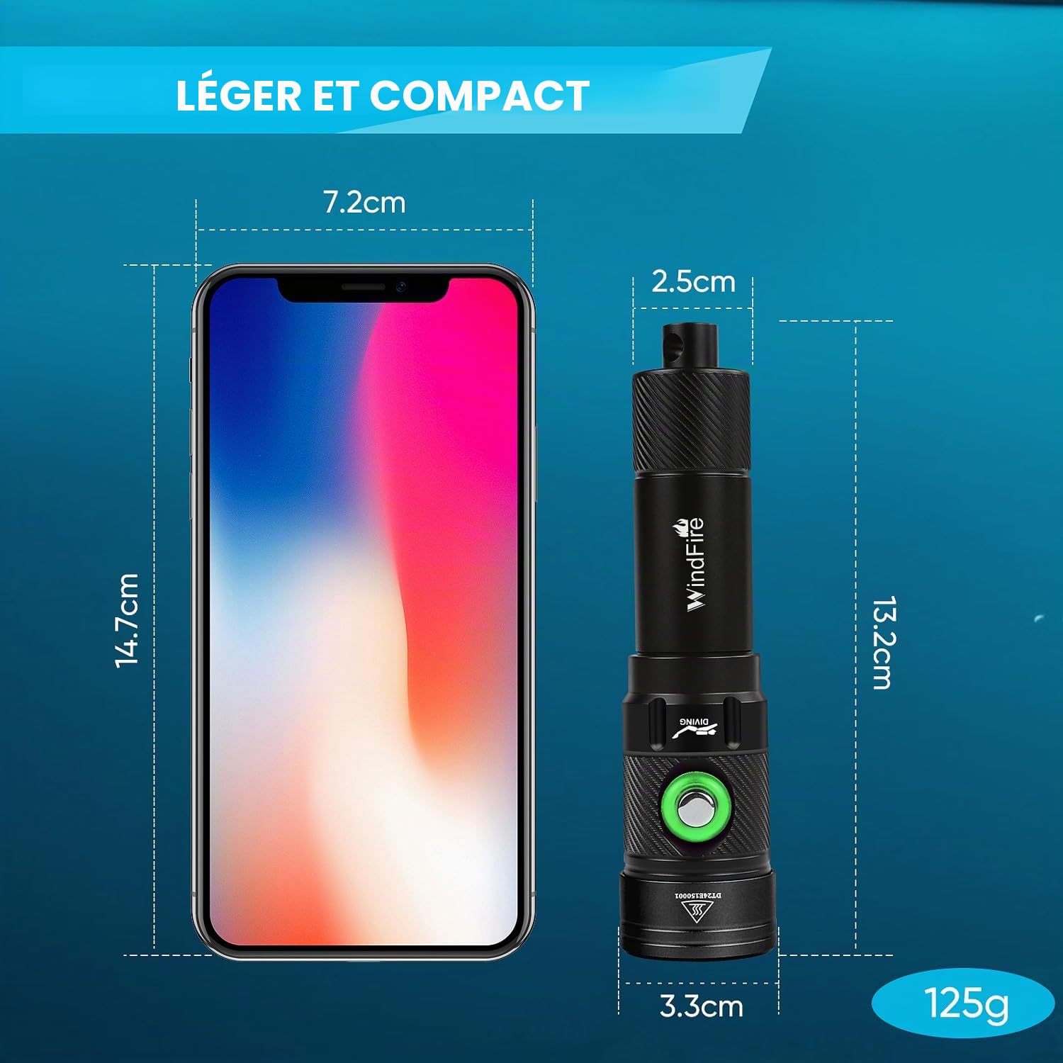WINDFIRE Lampe de plongée, 5000 Lumens Torche de Plongée, Lampe Plongee sous-Marine Rechargeable, Étanche IPX8, 4 modes, Lampe de Poche avec Indicateur de Puissance pour la plongée de nuit