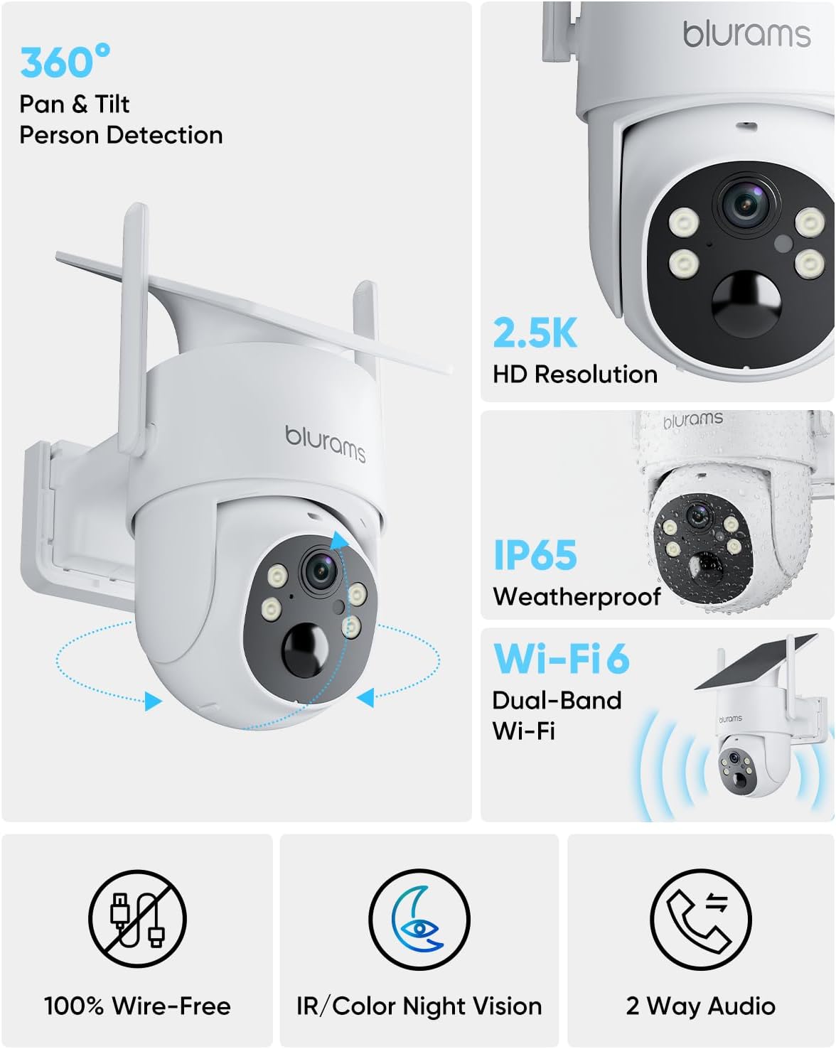 blurams 2.5K Pan/Tilt Security Cameras Wireless Outdoor, 100% Wire-Free Outdoor Camera with Fixed Solar Panel, 360° View, Dual-Band WiFi 6, Human Detection, Color Night Vision, Work with Alexa - Image 2