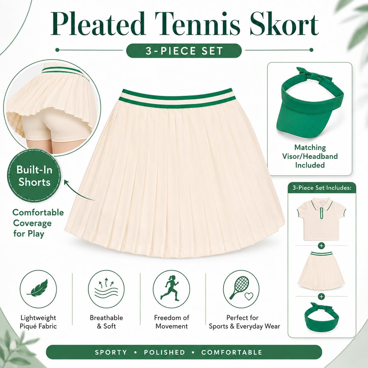 BTween Active Girls Polo Shirt & Tennis Skort Set – Short Sleeve Quarter Zip Polo Top with Pleated Skort
