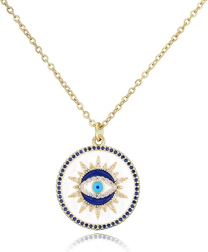 cmoonry Collar de mal de ojo chapado en oro de 14 quilates de 17.7 + 2 pulgadas, collar de cadena O de ojo azul de la suerte regalo, Oro, Circonia
