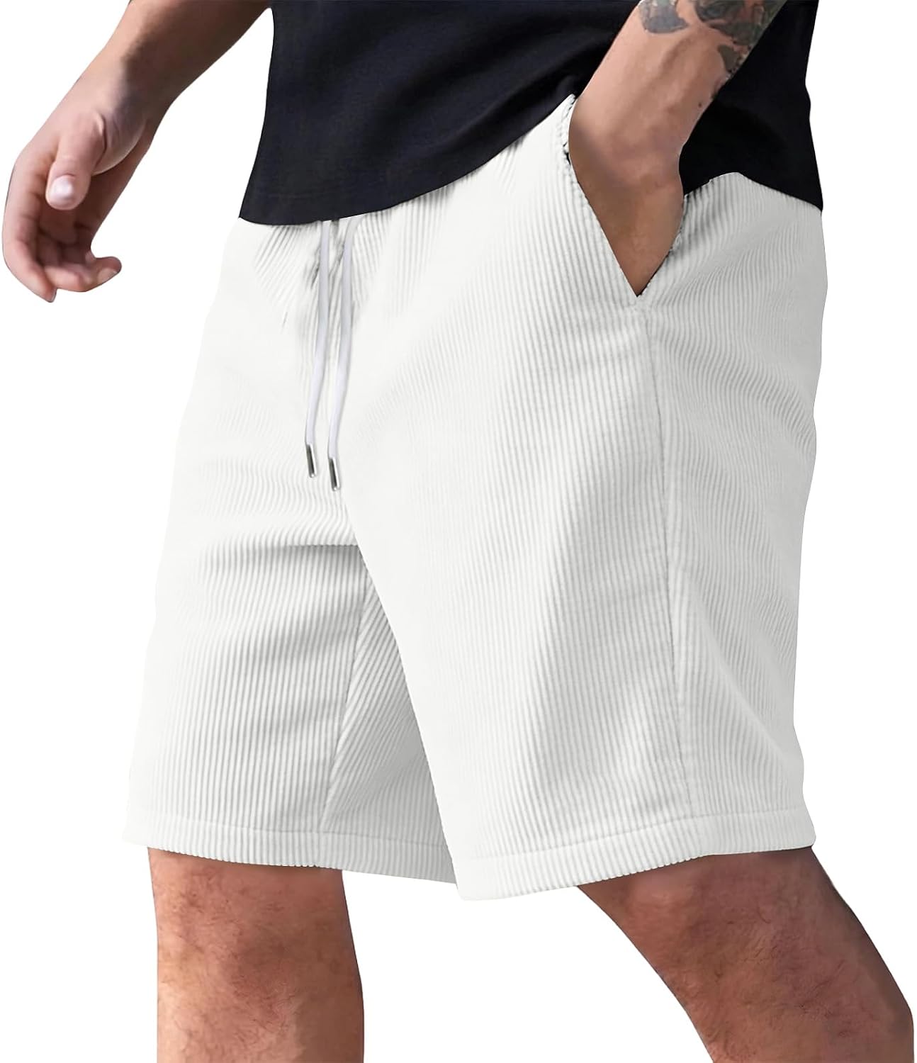 Ymosrh Men's Casual Shorts Elastic Waist Drawstring Lightweight Corduroy Summer Workout Running Shorts M-3XL