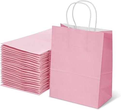 TOWRAP Bolsas de regalo rosadas, 25 bolsas de papel kraft de 8 x 4.25 x 10.5 pulgadas con asas a granel, bolsas de compras, bolsas de fiesta, bolsas