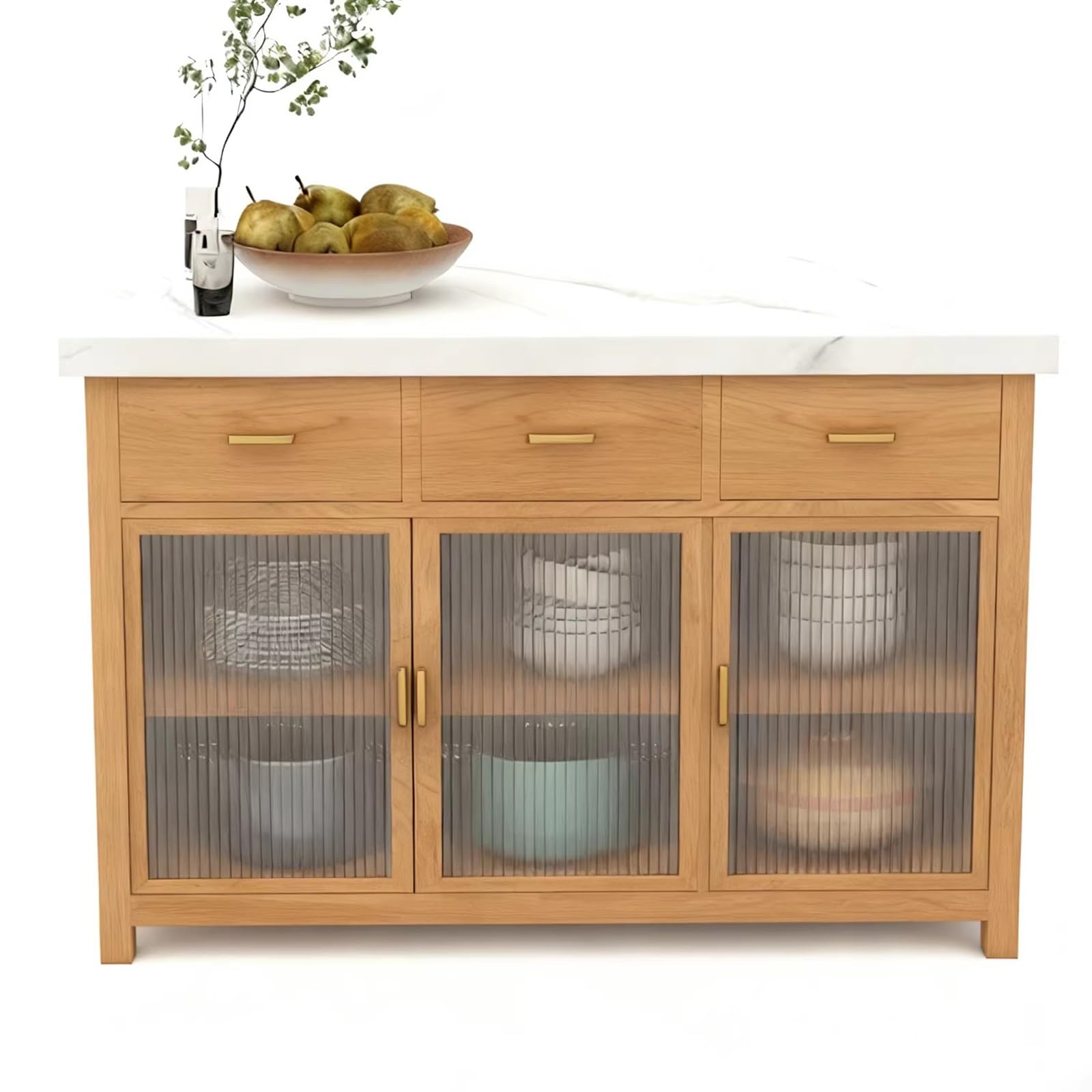 Zf9tBw5sH Unità cucina ad isola Isola cucina con piano in pietra e ante in vetro scanalato. Mobile portaoggetti in legno cassetti