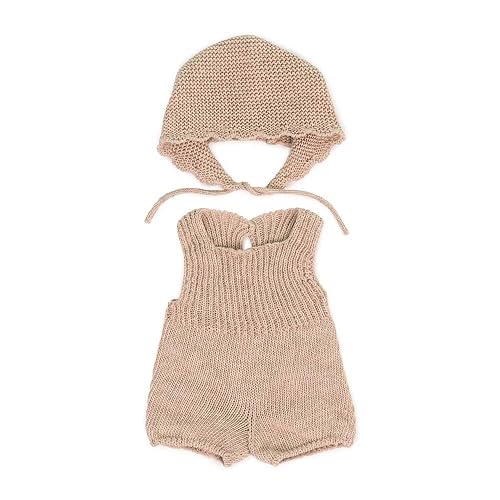 Miniland Dolls: Knitted Doll outfit 38cm - Romper & Bonnet, made of recycled materials, for 38cm Baby doll. Model: Romper & Bonnet in beige.