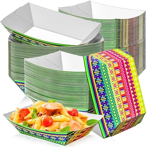MotBach 100 Pack 2LB Paper Food Boat Trays Mexican Party Decorations, Disposable Kraft Paper Food Serving Tray Boat Plate for Snack Popcorn Sandwich Burger BBQ Hot Dogs Taco Fries Nacho