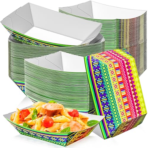 MotBach 100 Pack 2LB Paper Food Boat Trays Mexican Party Decorations, Disposable Kraft Paper Food Serving Tray Boat Plate for Snack Popcorn Sandwich Burger BBQ Hot Dogs Taco Fries Nacho