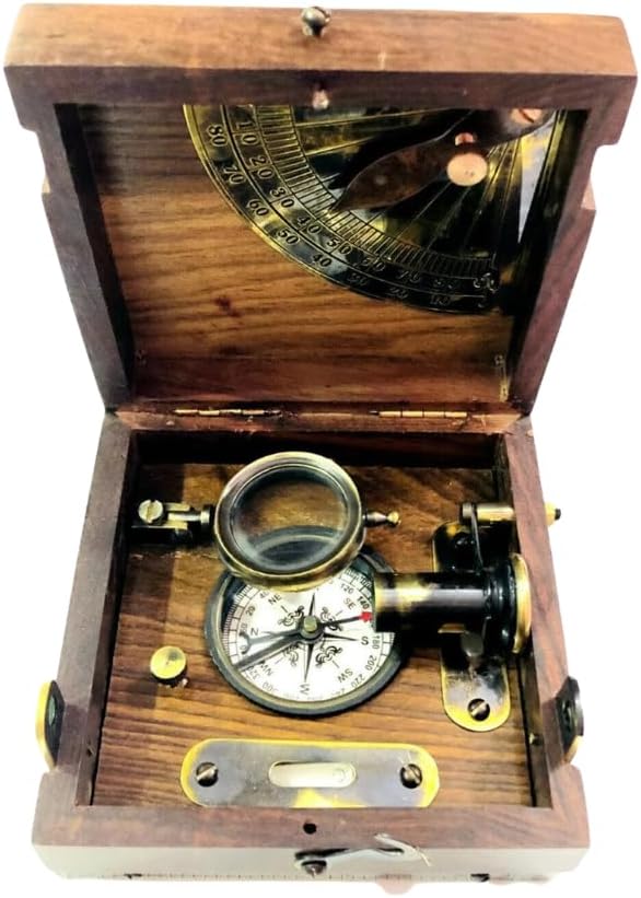 Nautical Brass Instrument Set: Compass, Sextant, Magnifying Glass in Wooden Box