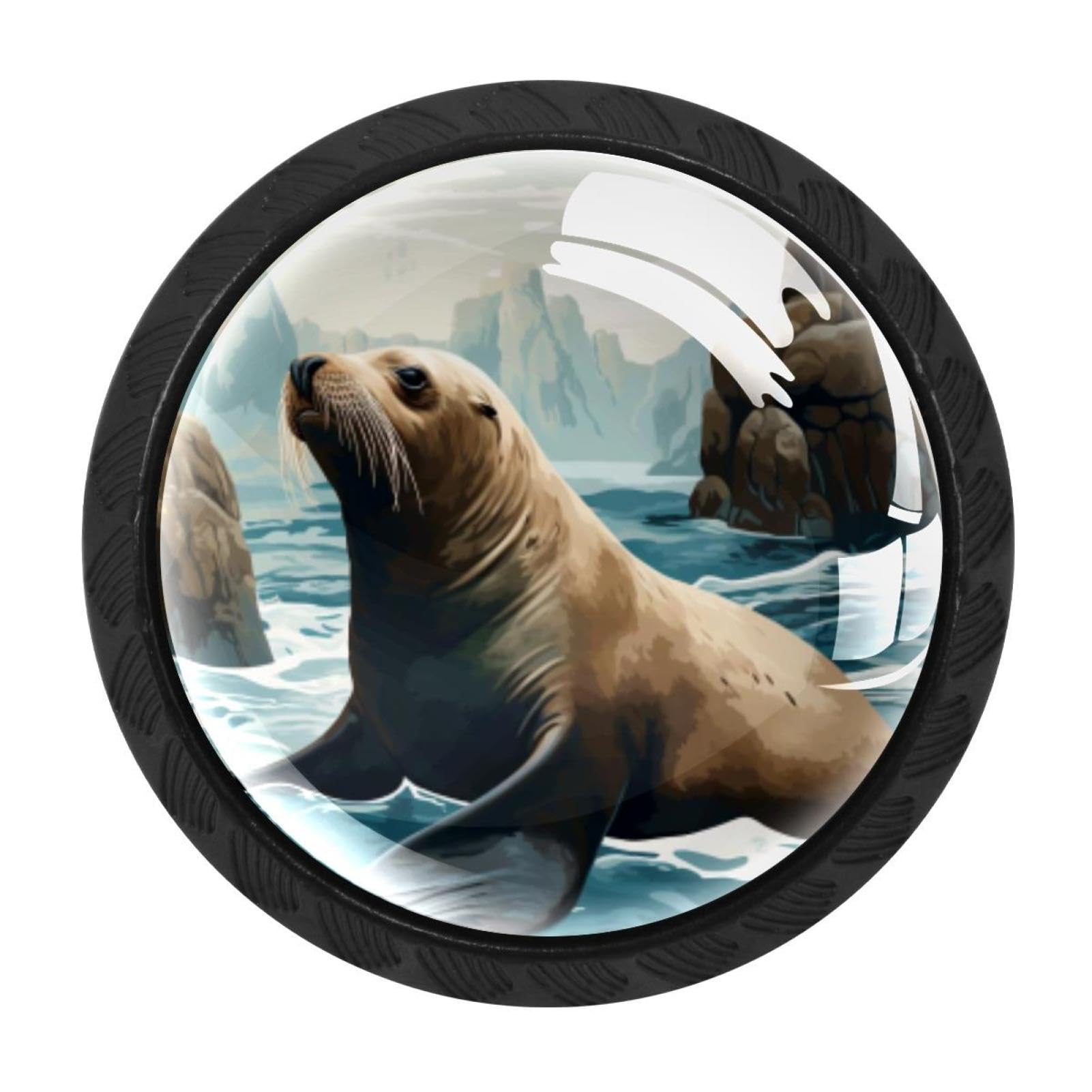 CHENZZZZ 4PCS Sea Lion Dresser Knob Round Glass Drawer Knobs Pulls Cabinet Handle for Home Kitchen Office Bathroom Wardrobe Cupboard
