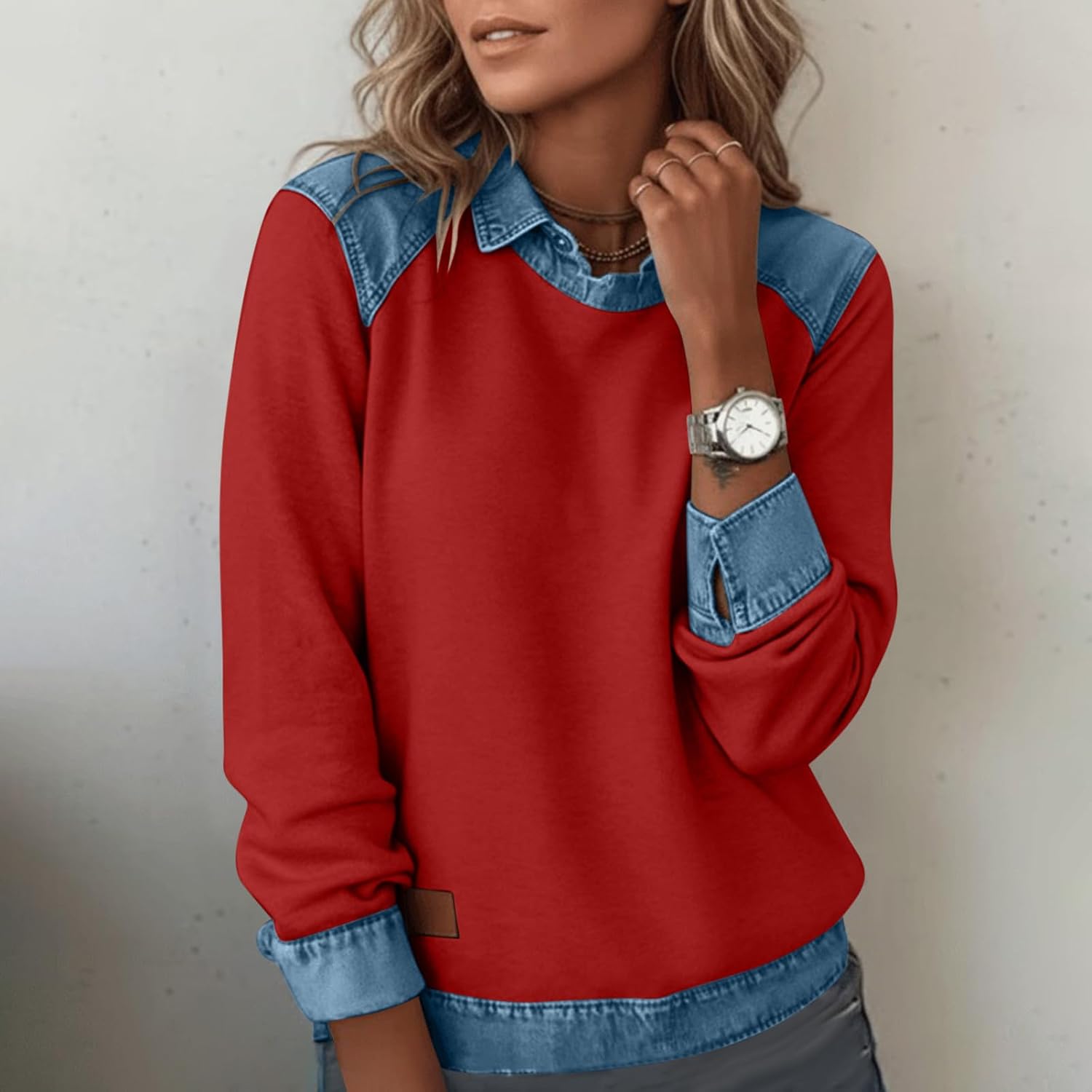 Women Long Sleeve Color Block Sweatshirt Lapel Collar Denim Patchwork Casual Shirt Spring Fashion Loose Pullover Top